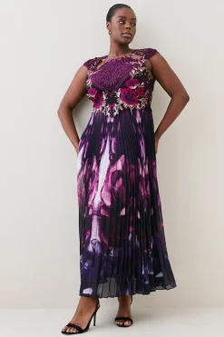 New 🔔 Karen Millen Plus Size Metallic Guipure Lace Mirrored Pleat Midi 👗 Dress 🤩 -Dresses Sales Store womens purple plus size metallic guipure lace mirrored pleat midi dress