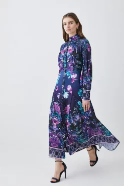 Best Sale 😉 Karen Millen Tall Boarder Floral Print Satin Woven Midi 👗 Dress 🧨 -Dresses Sales Store womens purple tall boarder floral print satin woven midi dress