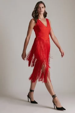 Flash Sale 🎁 Karen Millen Bandage Knit Fringe Tiered Midi 👗 Dress 👍 -Dresses Sales Store womens red bandage knit fringe tiered midi dress