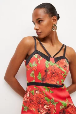 Best Sale ✨ Karen Millen Italian Signature Stretch Rose Print Midi 👗 Dress 🥰 -Dresses Sales Store womens red italian signature stretch rose print midi dress