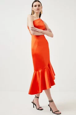 Flash Sale ✔️ Karen Millen Italian Structured Satin Asymmetric Hem Midaxi 👗 Dress 😉 -Dresses Sales Store womens red20orange italian structured satin asymmetric hem midaxi dress