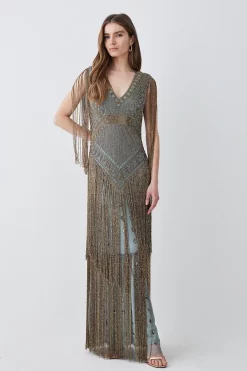 Hot Sale 👏 Karen Millen Beaded Fringed Woven Maxi 👗 Dress 🔥 -Dresses Sales Store womens sage beaded fringed woven maxi dress