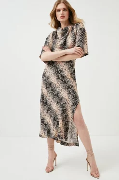 New 💯 Karen Millen Viscose Satin Snake Cowel Woven Midi 👗 Dress 😍 -Dresses Sales Store womens snake viscose satin snake cowel woven midi dress