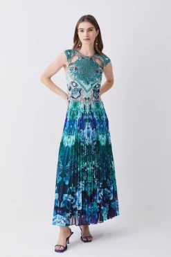 Best Sale ⭐ Karen Millen Metallic Guipure Lace Mirrored Pleat Midi 👗 Dress 🥰 -Dresses Sales Store womens teal metallic guipure lace mirrored pleat midi dress